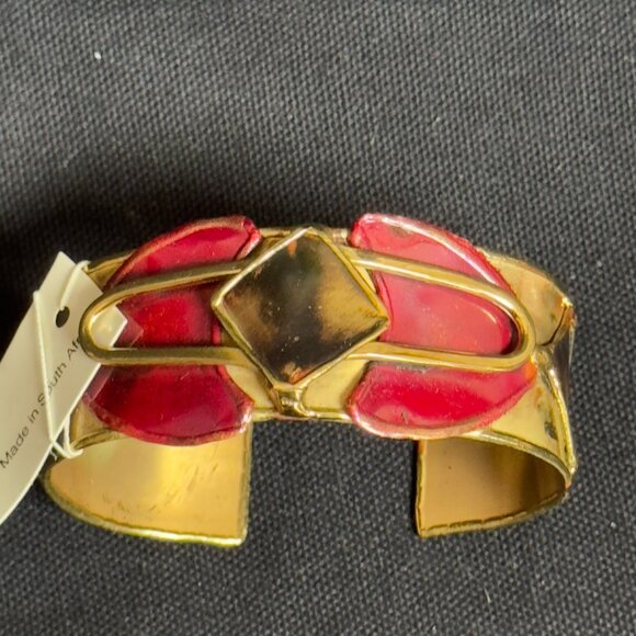 South African Handcrafted GoldTone Cuff Bracelet Geometric Design - Picture 2 of 14